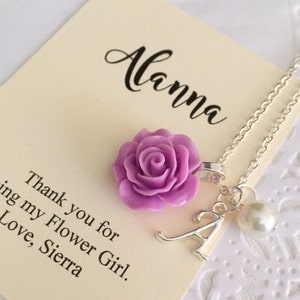 Flower girl rose necklace, initial personalized rose jewelry. Comes with FREE personalized Notecard, Jewelry Box. image 1