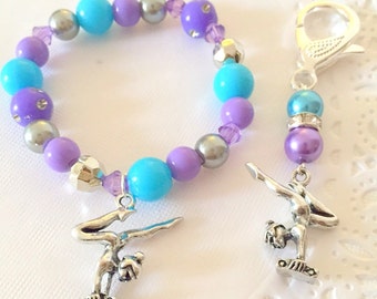 Gymnastics bracelet, gymnastics keychain, set, kids jewelry, purple, blue, backpack clip, beaded bracelet.