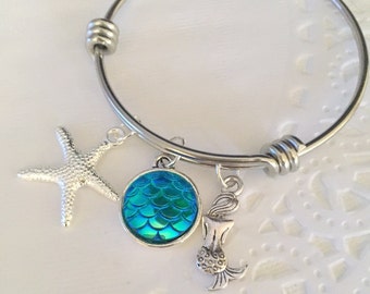 Mermaid bracelet, kids jewelry, bangle, charm bracelet, mermaid scale, starfish charm, birthday gift.