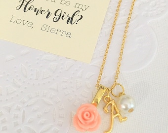 Gold plated, Flower girl necklace, rose necklace, flowergirl, childrens jewelry, personalized. Comes with free card and  ORGANZA bag.