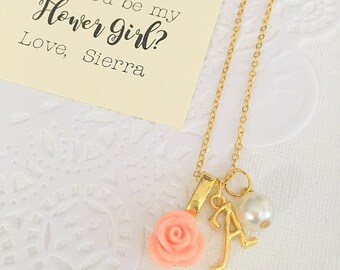 Gold plated, Flower girl necklace, rose necklace, flowergirl, childrens jewelry, personalized. Comes with free card and  ORGANZA bag.