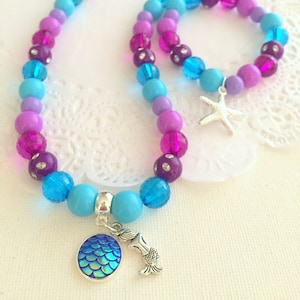 Mermaid necklace bracelet set, kids beaded set, jewelry set, childrens jewelry, starfish bracelet, mermaid scale jewelry, mermaid charm. image 1