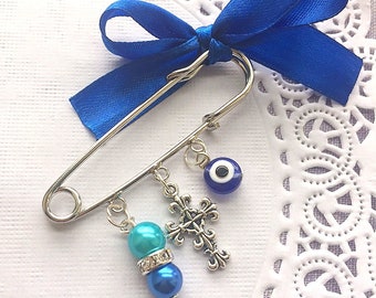 SET of TEN. Baptism favor, safety pins martyrika, evil eye martyrika, witness pins, martirika pin, greek orthodox, other colors available.