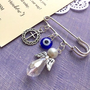 Épingle d’ange, goupille de sécurité d’ange, faveur de baptême, faveur de communion, faveur de baptême, faveur mauvaise d’oeil, y compris des cartes. ENSEMBLE de DIX.