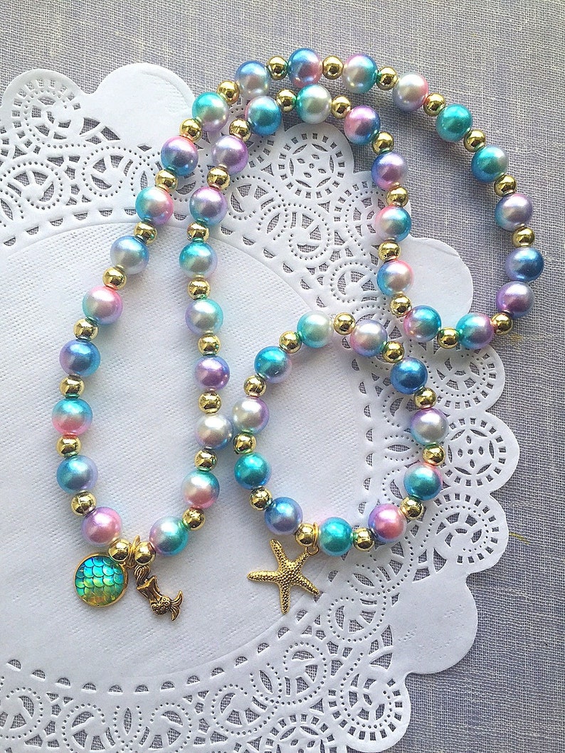 Mermaid necklace bracelet set, kids beaded set, jewelry set, childrens jewelry, starfish bracelet, mermaid scale jewelry, kids necklace. image 1