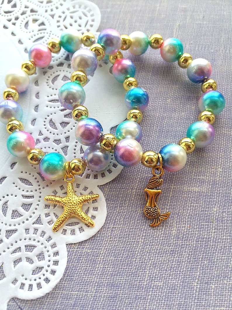 Gold Mermaid bracelet, starfish bracelet, SET of SEVEN, mermaid kids party, kids birthday party, mermaid jewellery, loot bag favor. Bild 1