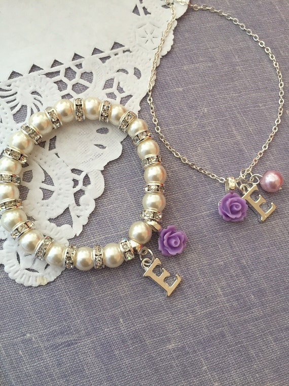 Personalized, children, child, rose, pearl, necklace, bracelet, set