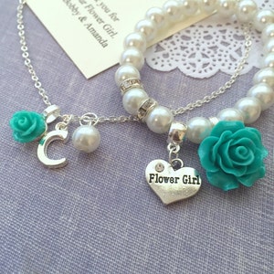 Rose flower, flower girl, stretchy bracelet, necklace, initial, personalized. Comes with personalized card, jewelry box. image 1