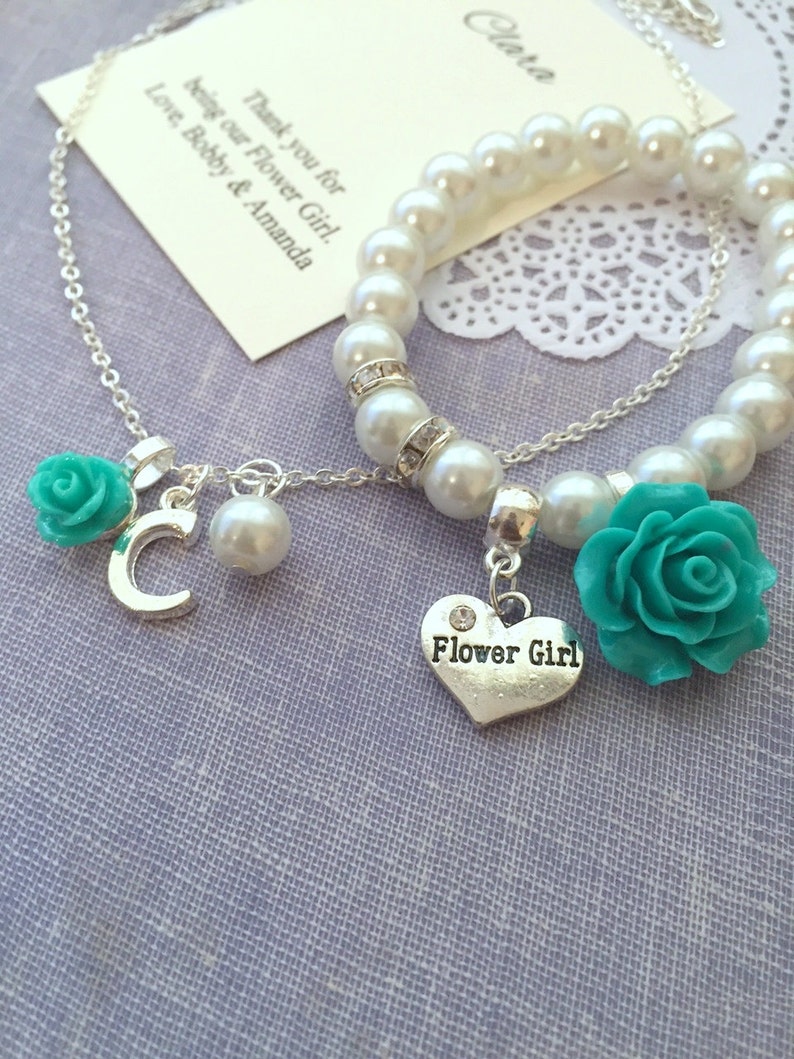 Rose flower, flower girl, stretchy bracelet, necklace, initial, personalized. Comes with personalized card, jewelry box. image 1