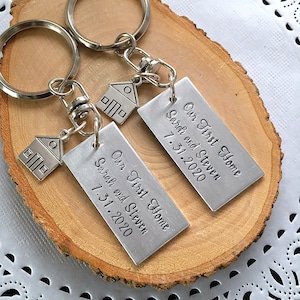 SET of TWO New Home keychains, handstamped keychains, house keychain, New homeowners gift, housewarming gift, husband and wife gift.