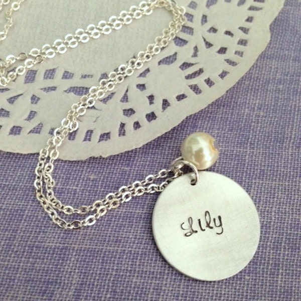 Name necklace, handstamped charm, glass pearl. Choose your color.