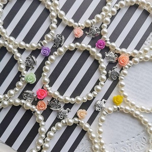 Garden Tea party bracelet, kids beaded jewelry, kids birthday party, teapot charm. SET of TEN. (10)