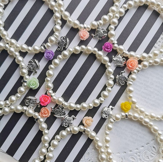 Garden Tea party bracelet, kids beaded jewelry, kids birthday party, teapot charm. SET of TEN. (10) Il_570xn