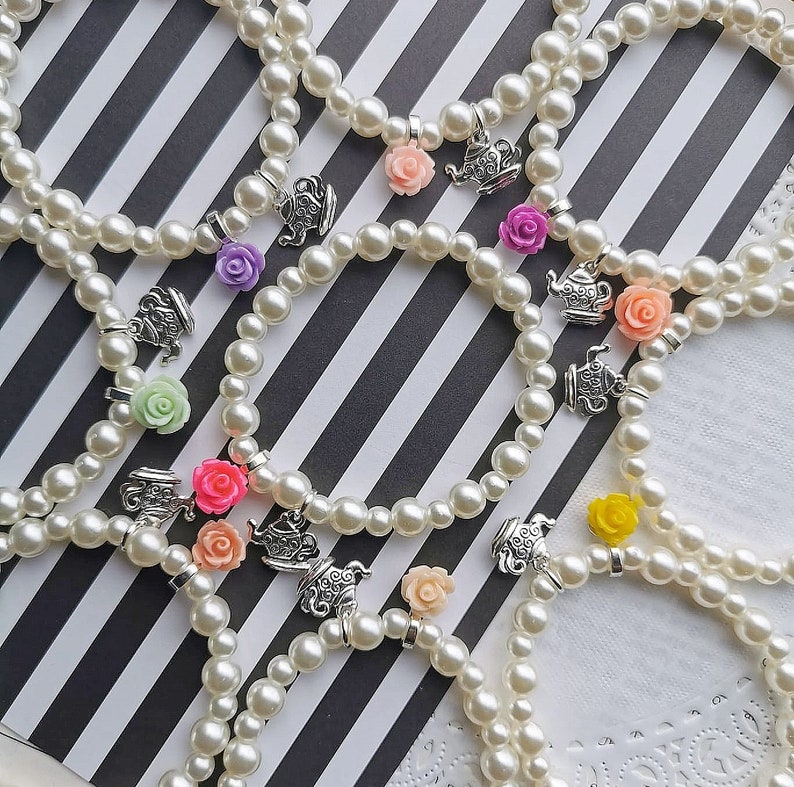 Garden Tea party bracelet, kids beaded jewelry, kids birthday party, teapot charm. SET of TEN. 10 image 1