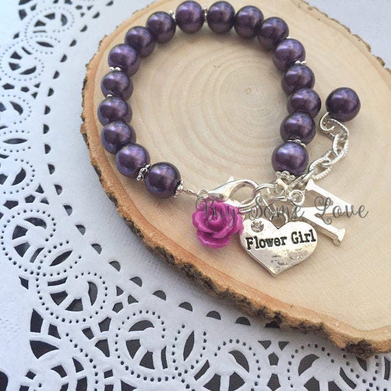 Child bracelet, adjustable bracelet, eggplant purple, flower girl, flowergirl, rose, flower, personalized initial bracelet. Il_570xn