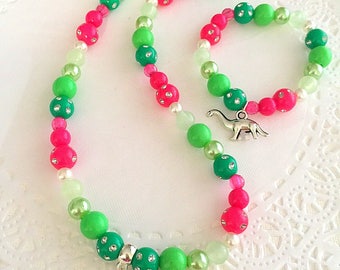 Dinosaur necklace bracelet set, childrens jewelry, beaded jewelry set, kids jewelry set, dinosaur necklace, dinosaur bracelet.