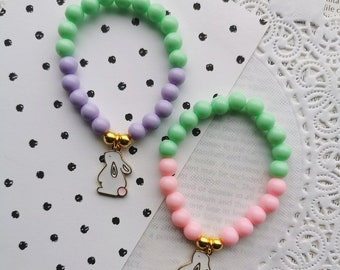 Set of TEN. Pastel Easter bracelets, bunny jewellery, jewelry. Kids easter basket.