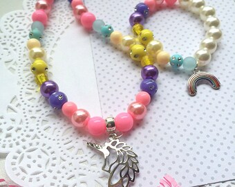 Unicorn necklace bracelet set, Unicorn birthday gift, Unicorn birthday, Unicorn jewelry, Unicorn jewellery, Pastel rainbow set.