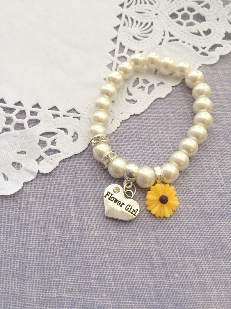 Sunflower, sun flower, stretchy, flower girl, flowergirl, pearl, bracelet. CHILD sized. image 4