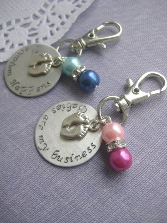 Midwife, Doula, Obstetrician gift. Zipper pull, purse charm, babies are my business, footprint charm, handstamped. Il_570xn