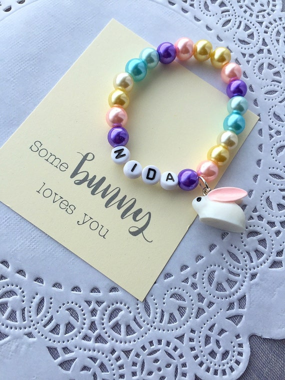 Easter bracelet, Easter jewelry, Easter basket stuffer, Bunny, Rabbit, Name bracelet, Name Jewelry, Kids bracelet, Kids jewelry. Il_570xn
