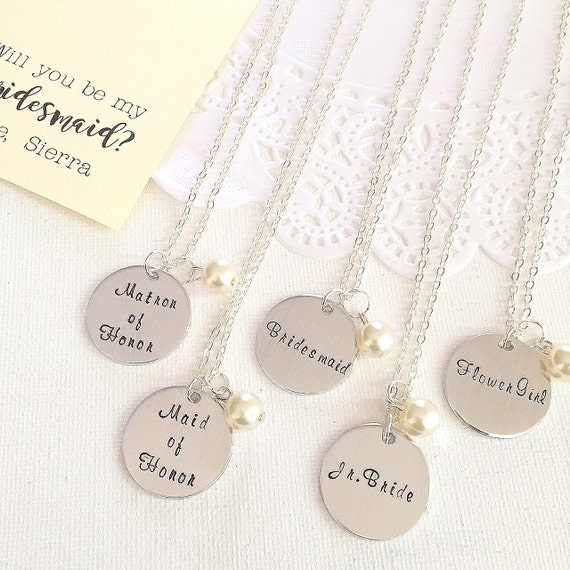 Bridesmaid proposal, ask Bridesmaid, Bridal Party Gift, Handstamped necklace. Other Color Pearl Available. FREE Notecard and Jewelry Box. Il_570xn