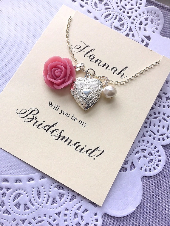 Locket necklace, bridesmaid jewelry, initial necklace, wedding party gift. Comes with FREE personalized Notecard, clear packaging. Il_570xn