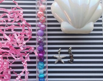 ONE bracelet beading kit. Includes 2 charms, mermaid bracelet beading kit, DIY jewellery kit. FREE Shell keepsake container.