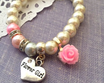 Flower girl, flowergirl, blush pink, silver, wedding, rose, stretchy pearl bracelet. CHILD sized.