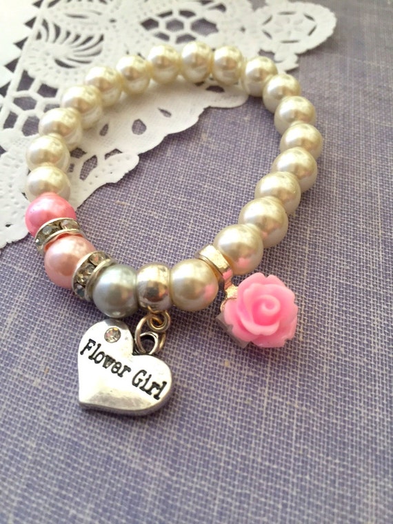 Flower girl, flowergirl, blush pink, silver, wedding, rose, stretchy pearl bracelet. CHILD sized. Il_570xn