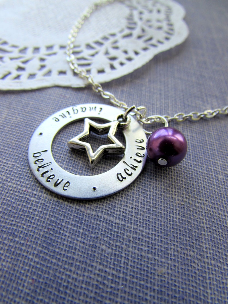 Imagine. Believe. Achieve. Star, washer, handstamped necklace. Graduation, motivational, encouragement jewelry. image 2