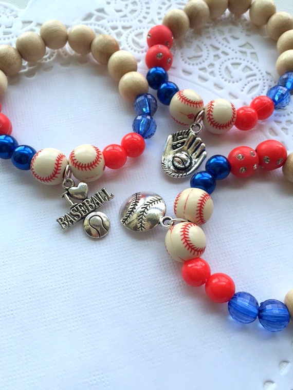 Mixed set of Baseball bracelet. SET of TEN, Baseball jewelry, baseball bracelet, beaded kids bracelet, kids jewelry, Blue Jays inspired. Il_570xn