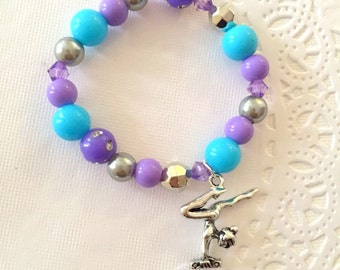 Gymnastics, kids jewelry, beaded bracelet, blue, purple, gym party favor, SET of TEN.