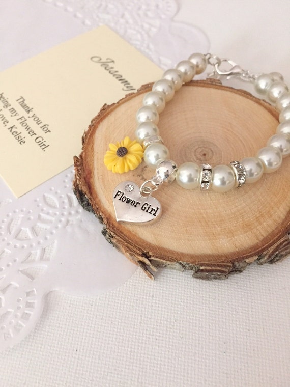 Flower Girl, bracelet, adjustable, sunflower, glass pearl, personalized, bracelet. Comes with FREE card and organza bag. Il_570xn