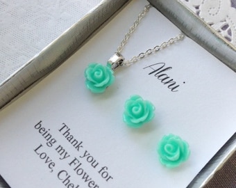 Flower girl gifts, small sized rose necklace, earrings, personalized notecards, free jewelry box.