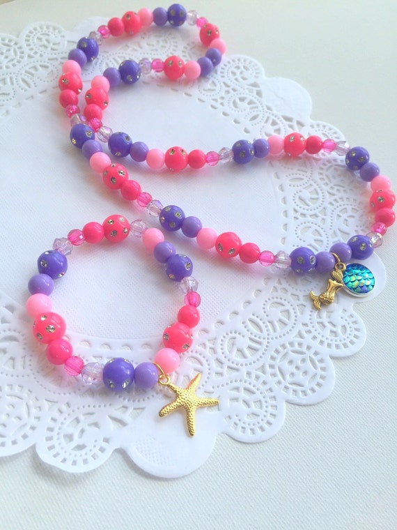 Kids gift Necklace bracelet set, birthday gift, mermaid scale necklace, starfish bracelet, pink, purple, childrens jewelry, beaded set. Il_570xn