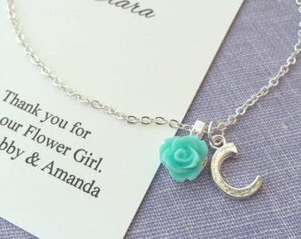 Personalized FREE card and JEWELRY box, flower girl necklace, rose, initial, rose necklace, flower girl jewelry.