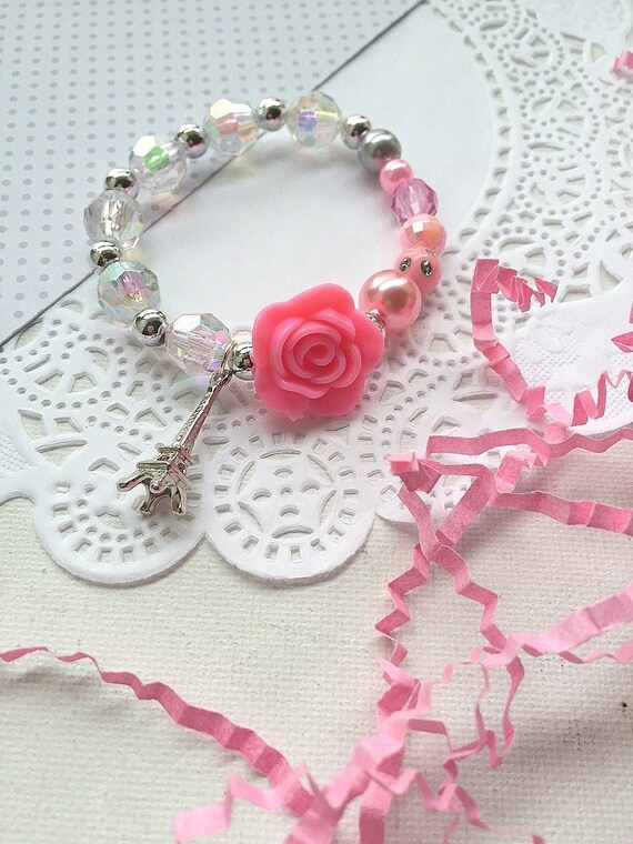 Eiffel tower bracelet, Parisian inspired birthday party, birthday party favor, kids birthday, girly kids bracelets, rose bracelet, SET of 10 Il_570xn