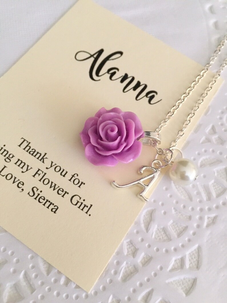 Flower girl rose necklace, initial personalized rose jewelry. Comes with FREE personalized Notecard, Jewelry Box. image 1