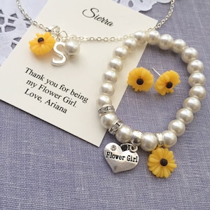 Sunflower, personalized, flower girl, flowergirl, pearl, necklace, matching earring, bracelet. Free personalized card, JEWELRY BOX.