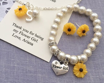 Sunflower, personalized, flower girl, flowergirl, pearl, necklace, matching earring, bracelet. Free personalized card, JEWELRY BOX.