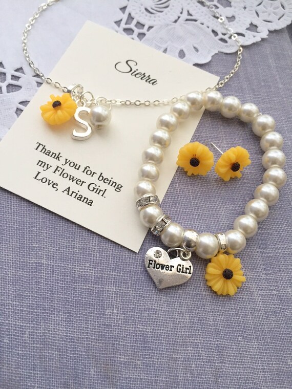 Sunflower, personalized, flower girl, flowergirl, pearl, necklace, matching earring, bracelet. Free personalized card, JEWELRY BOX. Il_570xn