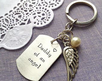 Daddy of an angel keychain, block lettering, angel baby keychain, angel wing keychain, loss keychain.