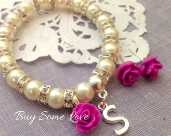 Flower girl, stretchy, initial, bracelet, matching earrings. Choose your color. CHILD sized.