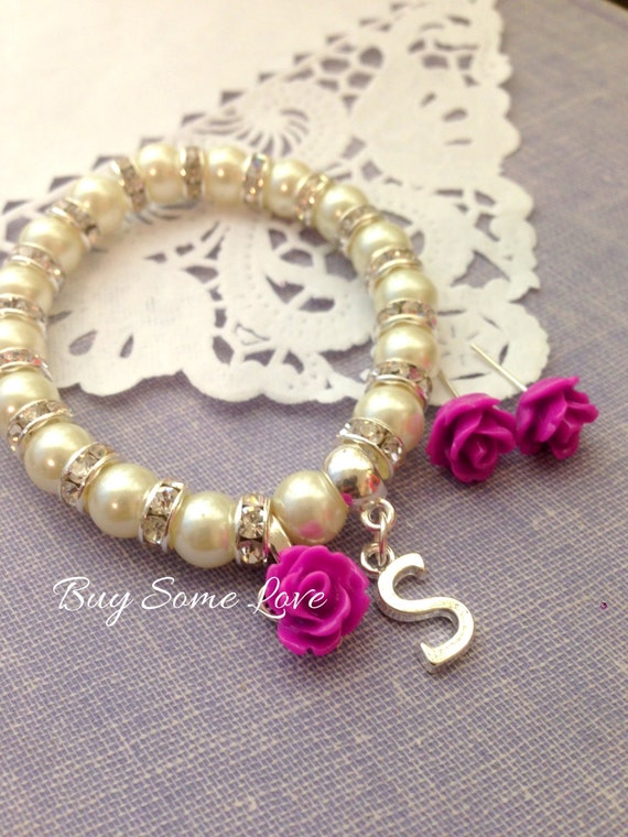 Flower girl, stretchy, initial, bracelet, matching earrings. Choose your color. CHILD sized. Il_570xn