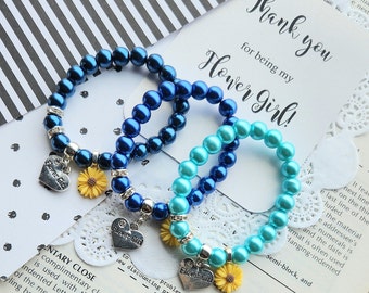 ONE Sunflower bracelet, sunflower jewelry, flower girl bracelet, sunflower wedding, pearl bracelet, navy blue bracelet, FREE card.