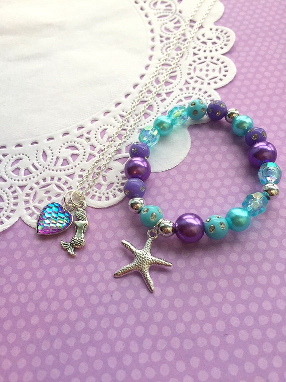 Heart Mermaid necklace bracelet set, mermaid jewelry set, mermaid party favor, mermaid birthday, mermaid kids party, starfish. SET of TEN. Il_570xn