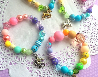 Pastel Unicorn bracelet, rainbow jewelry, MISMATCHED rainbow bracelet. kids jewellery, kids birthday party, rainbow party. SET of TEN.