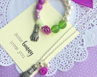 Easter necklace bracelet set, bunny necklace, easter jewelry, rabbit necklace, bunny jewelry, kids necklace, kids jewelry.
