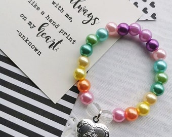 Heart locket bracelet, kids locket jewellery, locket jewelry, photo locket gift. Pastel rainbow.